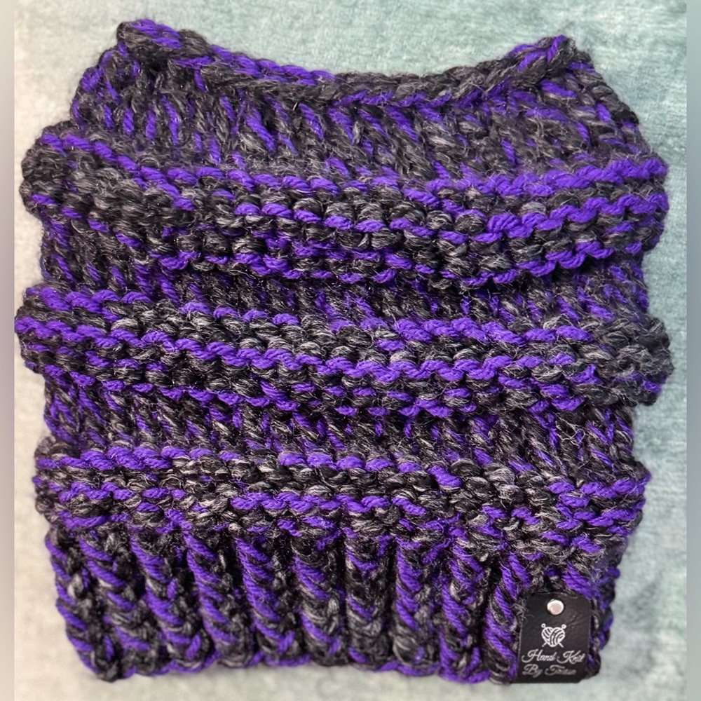 Handmade Hand Crafted Knit Messy Bun Hat adult/teen size purple/charcoal black